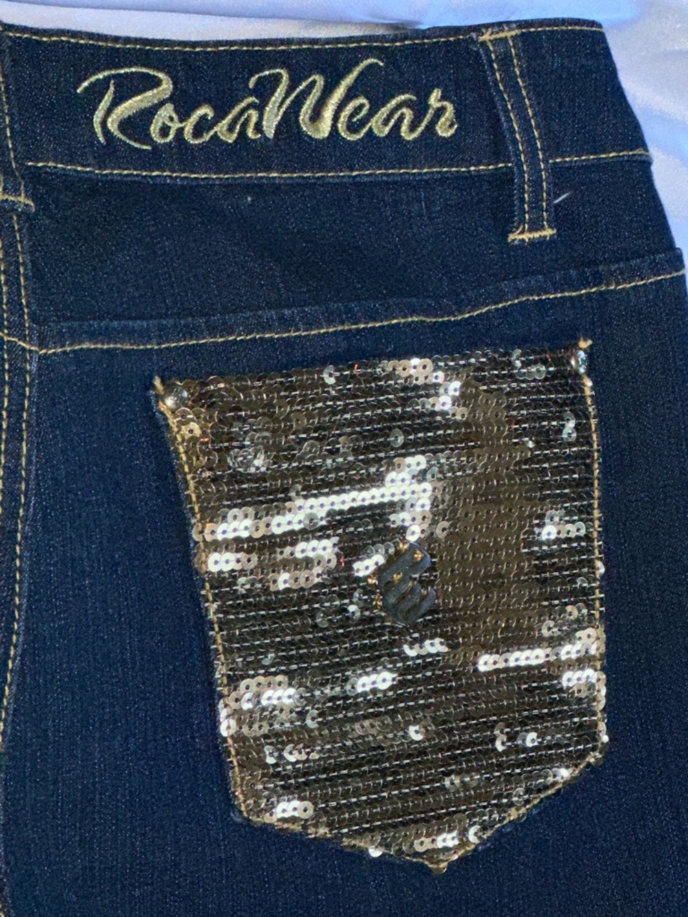 Rocawear Navy Flare Jeans with Gold Sequin Back Pockets - Picture 7 of 8